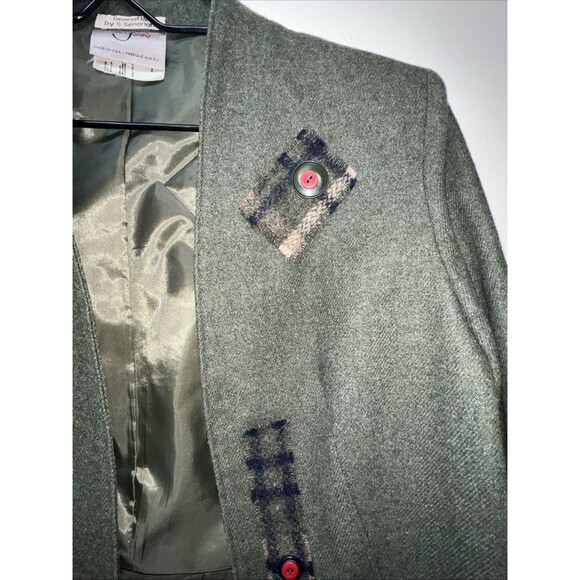 Vtg Tan Jay Womens Tweed Blazer Jacket Olive Green W/ Plaid Detail & Buttons M/L - Picture 8 of 16